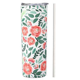 SassyCups Floral Tumbler Cup | Vacuum Insulated Stainless Steel Pink Rose Tumbler with Straw | Flower Travel Mug For Women | Cute Floral Cup with Lid | Pretty Floral Water Bottle (20 oz, White, Coral)