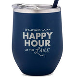 SassyCups Lake Wine Tumbler | It's Always Happy Hour At The Lake Engraved Stainless Steel Stemless Wine Glass with Lid and Straw | Lake Cup | Lake Tumbler | Lake Housewarming (12 Ounce, Navy)