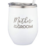 SassyCups Mother Of The Groom Tumbler | Engraved Stainless Steel Insulated Wine Tumbler with Lid and Straw | Wedding Party Tumblers | For Grooms Mom | Engagement Announcement (12 Ounce, White)